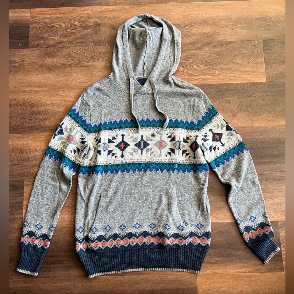 American Eagle Outfitters Gray and Blue Patterned Hoodie Sweater